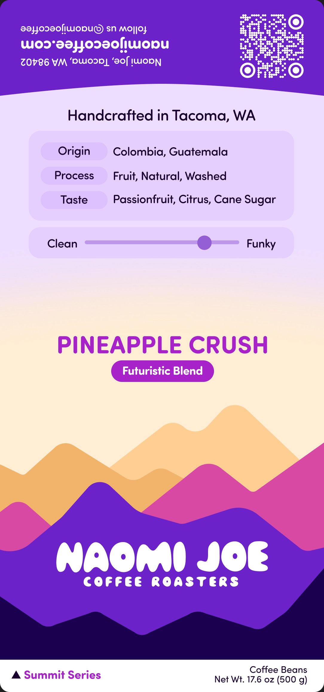 Pineapple Crush 500 g coffee packaging label, Summit Series by Naomi Joe Coffee.