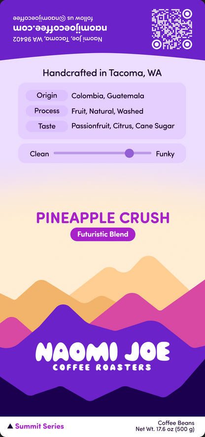 Pineapple Crush 500 g coffee packaging label, Summit Series by Naomi Joe Coffee.